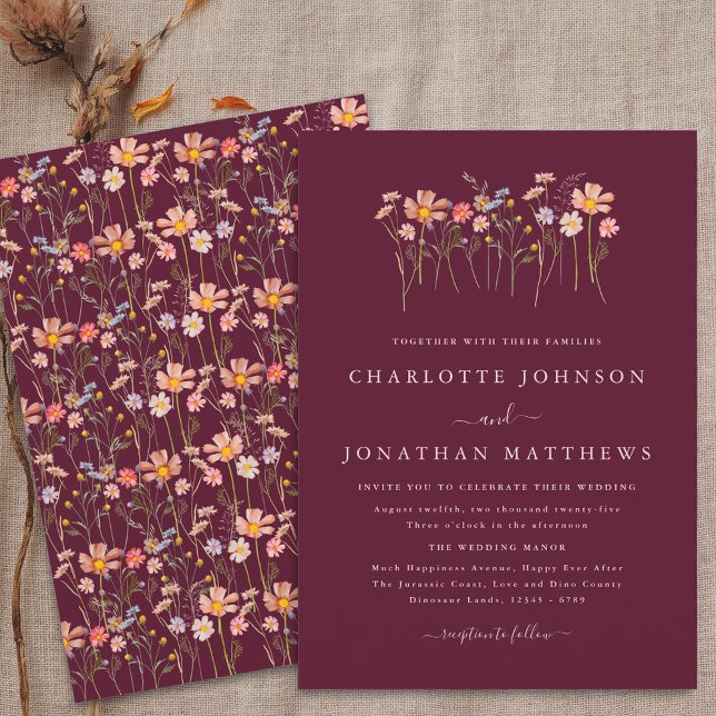 Invitación Boda Otoño Flor Silvestre Borgoña Rubor Rosa (Wildflower boho fall floral burgundy blush pink Wedding invitation)