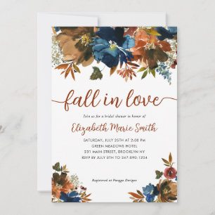 Invitación Boda Otoño Floral Azul Marino Marrón Enamorarse