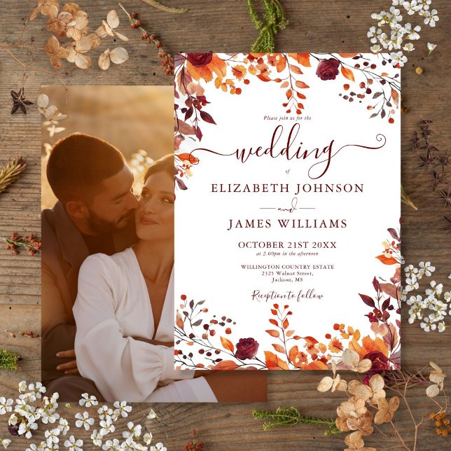 Invitación Boda Otoño Floral Hojas Foto (Autumn Fall Floral Leaves Photo Wedding Invitation)