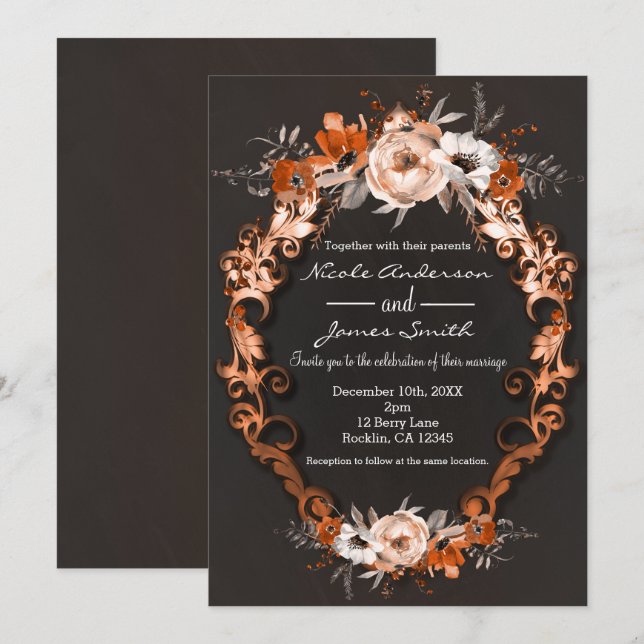 Invitación Boda Otoño Floral Naranja Flores Elegante (Anverso / Reverso)