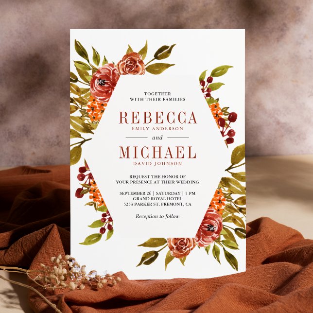 Invitación Boda Otoño Floral Naranja Quemada Rústica (Subido por el creador)