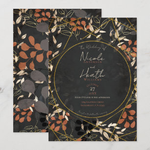 Invitación Boda Otoño Floral Terracota Gris Dorado Audaz