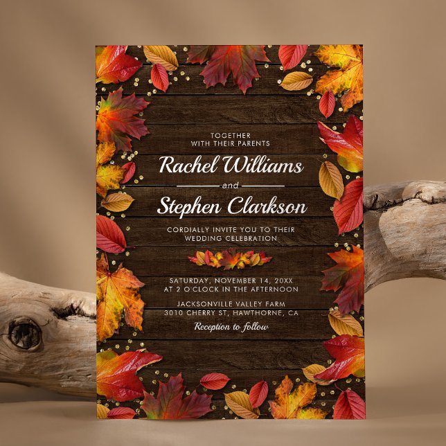 Invitación Boda Otoño Hojas Caídas Madera Rústica Oro (Subido por el creador)