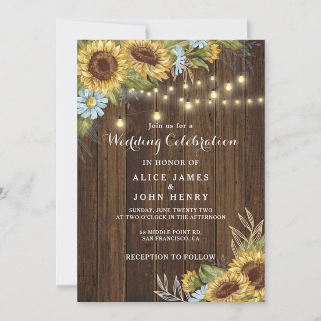 Invitación Boda otoño luces de cuerda de madera rústica giras (Anverso)