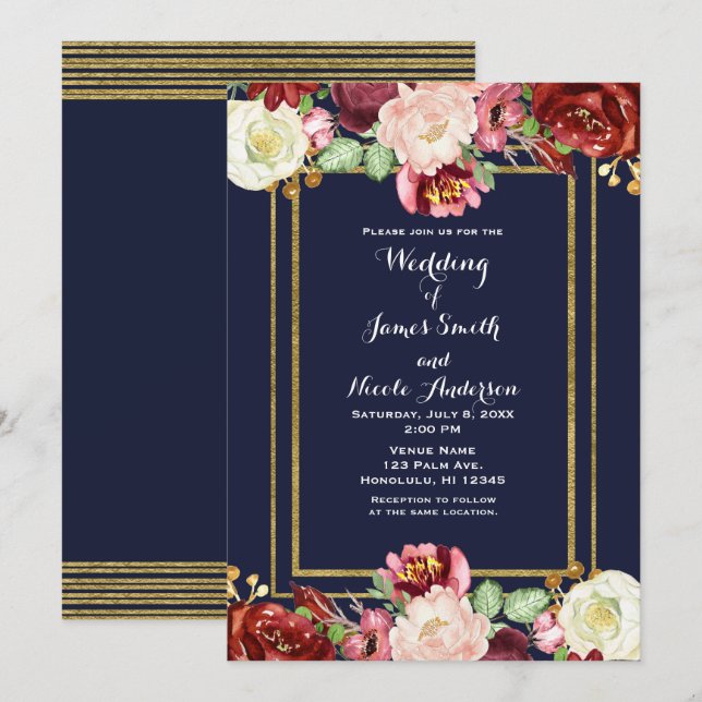 Invitación Boda otoño Moda azul y dorada Floral audaz Marsala (Anverso / Reverso)