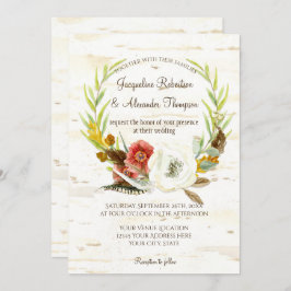 Invitación Boda otoño Wreath Boho Feather Birch Bark Poppy