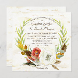 Invitación Boda otoño Wreath Boho Feather Birch Bark Square