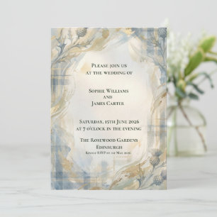 Invitación Boda oval de cardo botánico dorado en tartán escoc