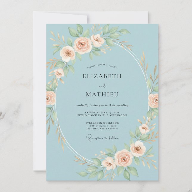 Invitación Boda Oval Floral Azul Celeste (Anverso)