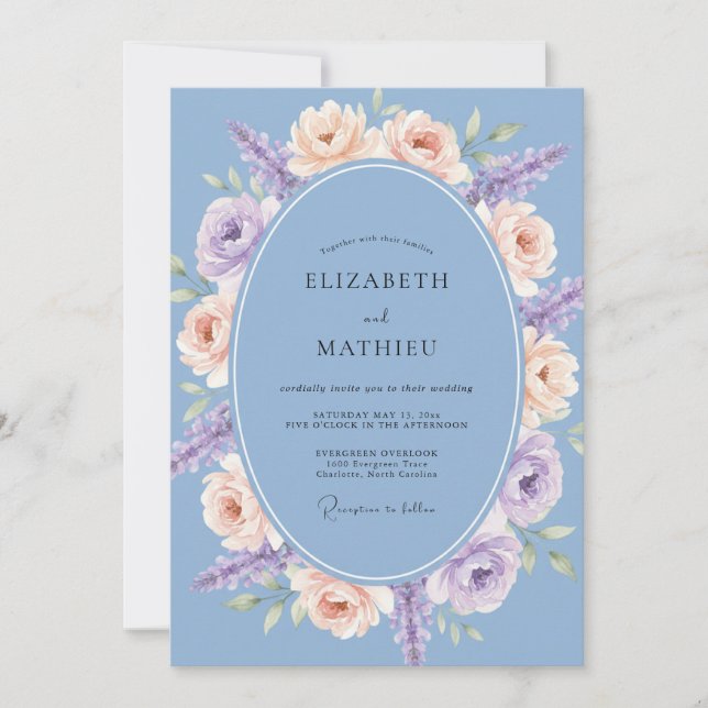 Invitación Boda Oval Floral Azul Polvoriento (Anverso)