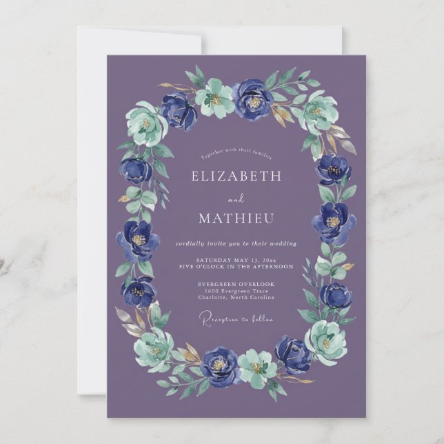 Invitación Boda Oval Floral Pintoresca Ciruela (Anverso)