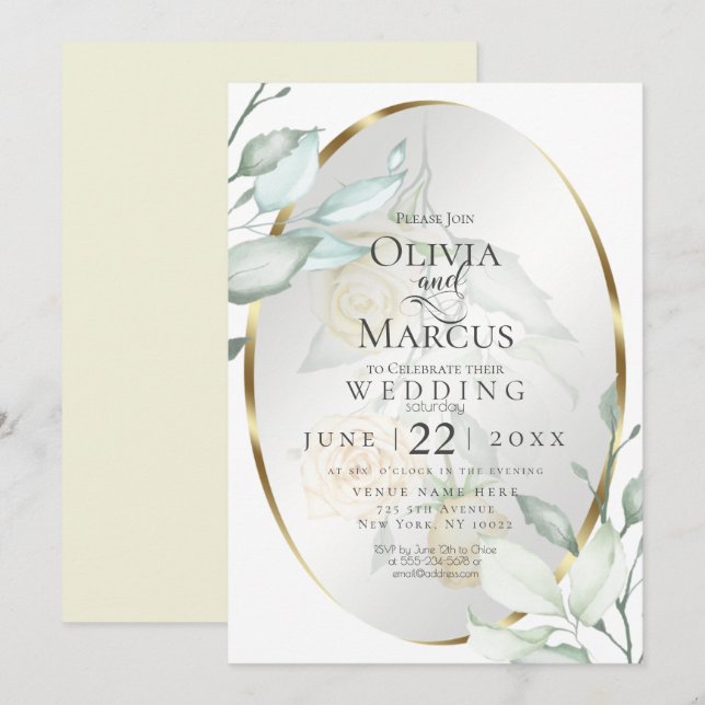 Invitación Boda | Oval Watercolor Marfil Rosas Rubor Amarillo (Anverso / Reverso)