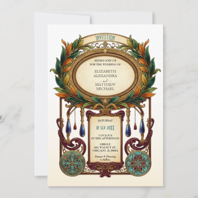 Invitación Boda ovalada vintage Art Nouveau (Anverso)