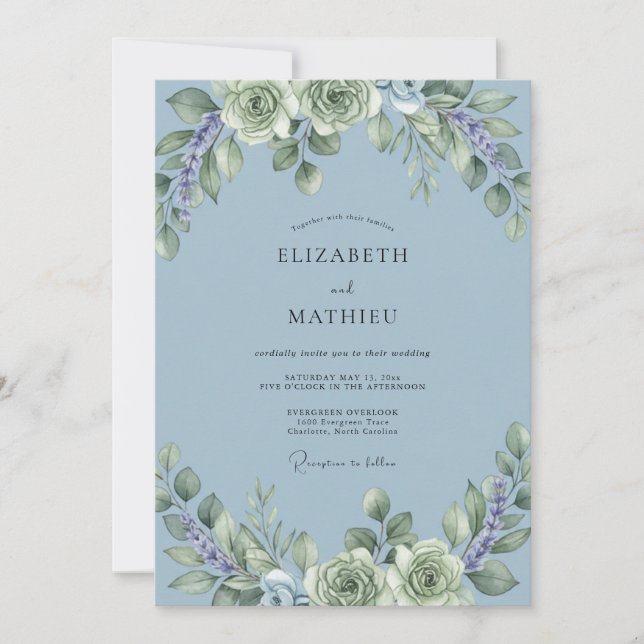 Invitación Boda Pacífica de Suculentas Azul Polvoriento (Anverso)