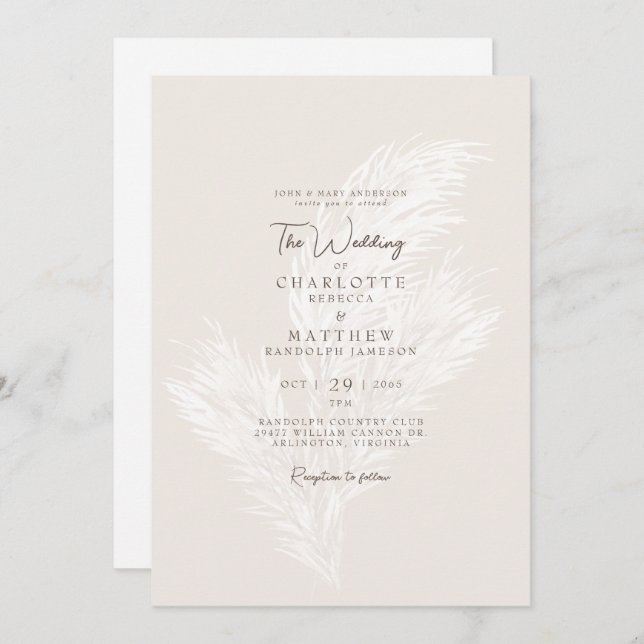 Invitación Boda padre de novia neutral de pampas silenciadas  (Anverso / Reverso)