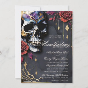 Invitación Boda Pagana de Halloween con Cráneo Gótico y Rosas