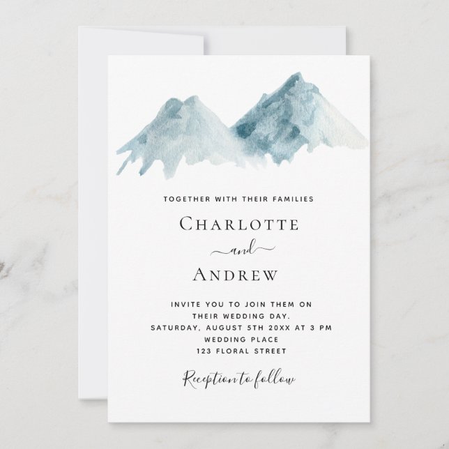 Invitación Boda paisaje montañoso naturaleza azul (Anverso)