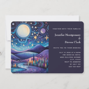 Invitación Boda paisaje nocturno caprichoso con luna grande