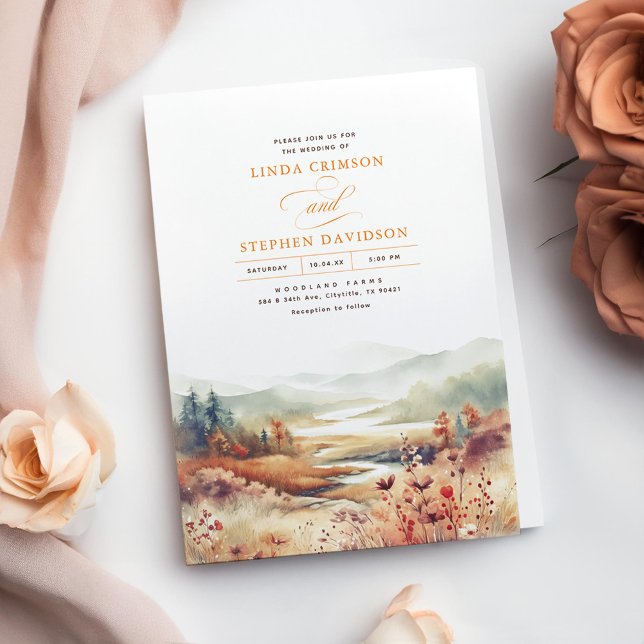 Invitación Boda paisajístico de la caída de la naturaleza de  (Fall Mountains Nature Wedding Invitations in Terracotta Hues)