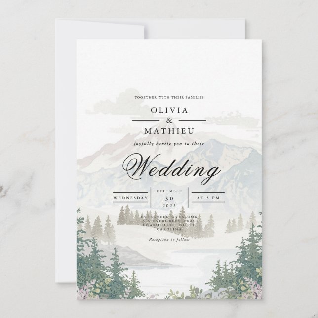 Invitación Boda paisajístico de las montañas Misty (Anverso)