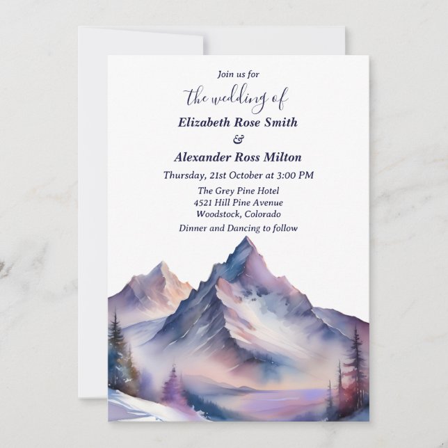 Invitación Boda paisajístico de montañas cubiertas de nieve (Anverso)