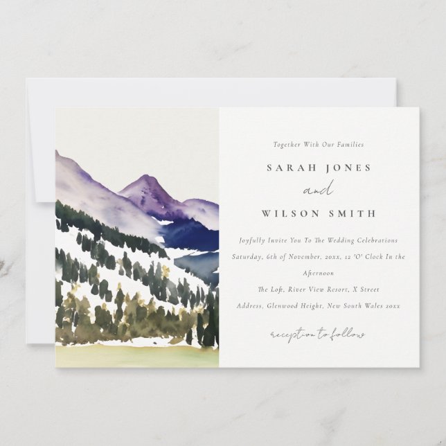 Invitación Boda paisajístico Rocky Snow Mountain Watercolor (Anverso)