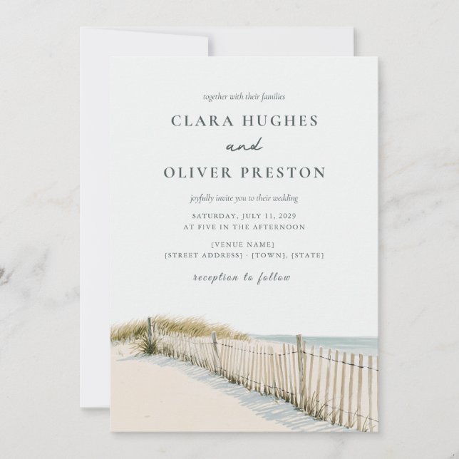 Invitación Boda Pale Sand Teal Script Cape Cod Dune Grass (Anverso)