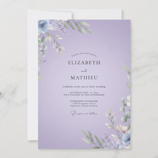 Invitación Boda Pálido Lila Frondoso (Anverso)