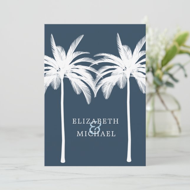 Invitación Boda Palm Elegante Moderno Azul Blanco (Anverso de pie)
