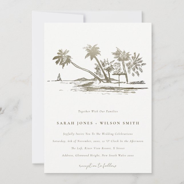 Invitación Boda Palm Tree Sketch Pale Gold (Anverso)