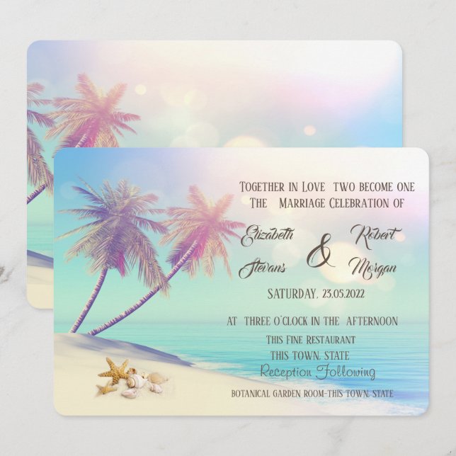 Invitación Boda Palms Beach Seashells (Anverso / Reverso)