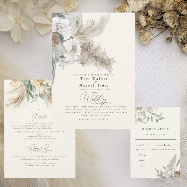 Invitación Boda Pampas Beige Boho Sin Padres (Subido por el creador)