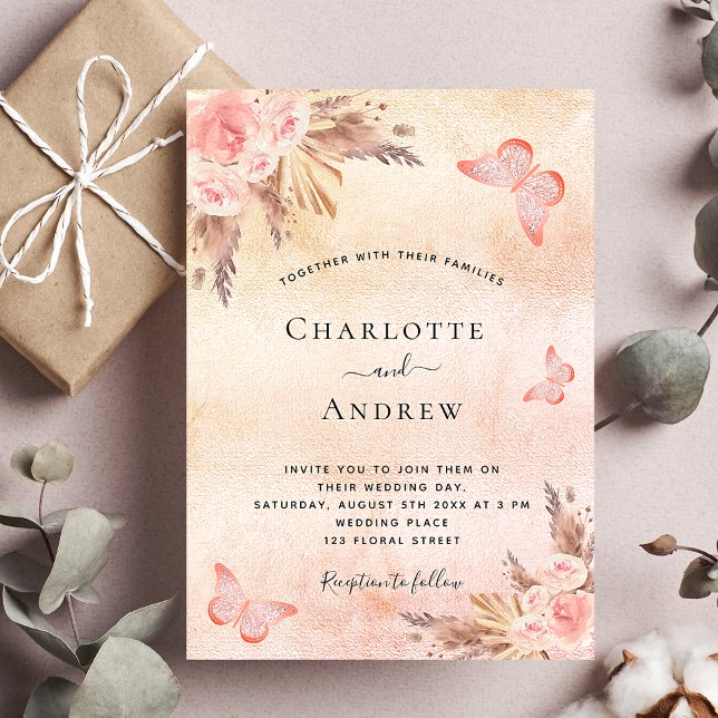 Invitación Boda pampas césped rosa oro mariposa lujo (Subido por el creador)