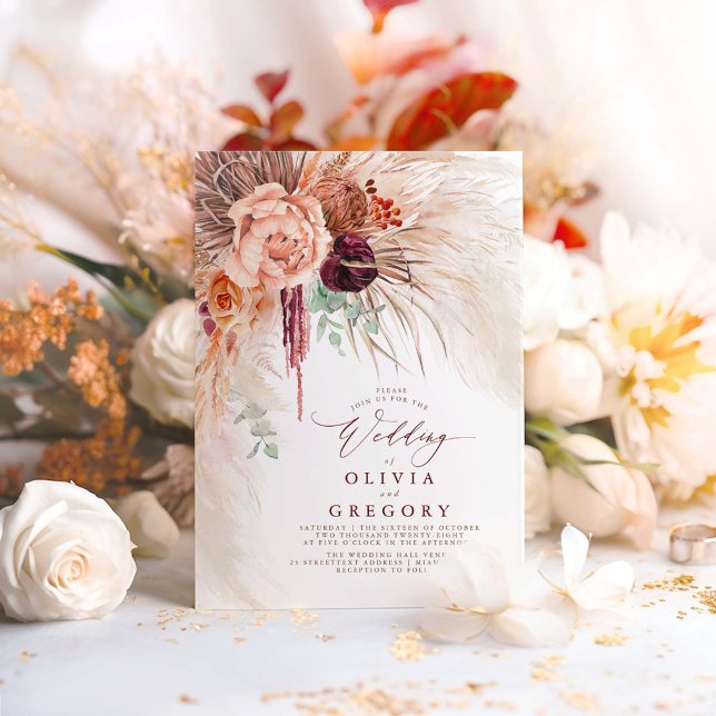 Invitación Boda Pampas Grass Floral Burgundy Terracotta (Exotic Boho Terracotta Wedding Invitations)