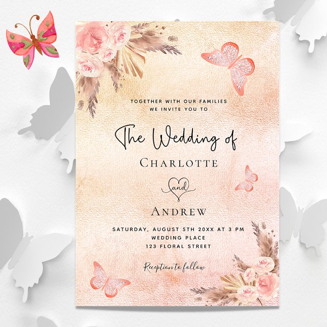 Invitación Boda pampas hierba batido rosa floral mariposa (Subido por el creador)