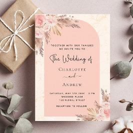 Invitación Boda pampas hierba rosa oro boho