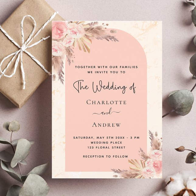 Invitación Boda pampas hierba rosa oro boho (Subido por el creador)