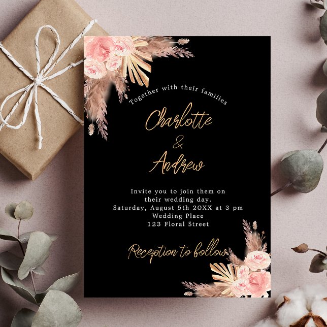 Invitación Boda pampas negro rosa oro floral lujo (Subido por el creador)