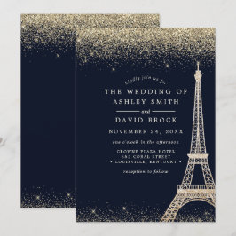 Invitación Boda París Torre Eiffel Confeti Dorado Azul Marino