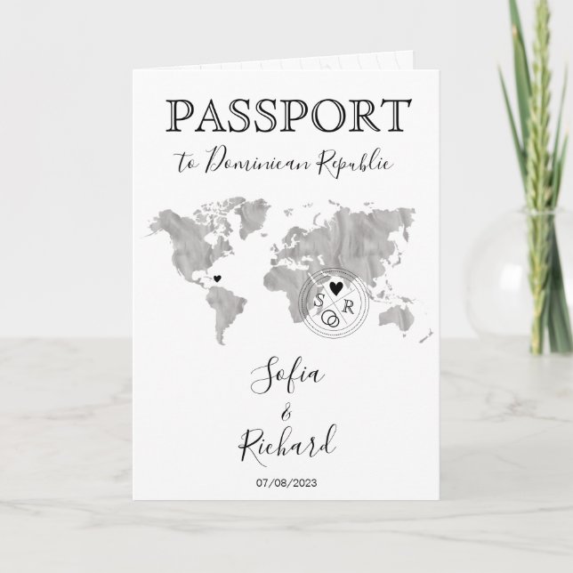 Invitación Boda Pasaporte de Destino Azul Mapa Mundial Gris (Anverso)