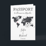 Invitación Boda Pasaporte de destino Blue World Map Black<br><div class="desc">Moderno y elegante Destino Boda de Invitación al Mapa Mundial,  como pasaporte. Mapa del mundo de las aguas negras</div>