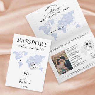 Invitación Boda Pasaporte de Destino Blue World Map Blue