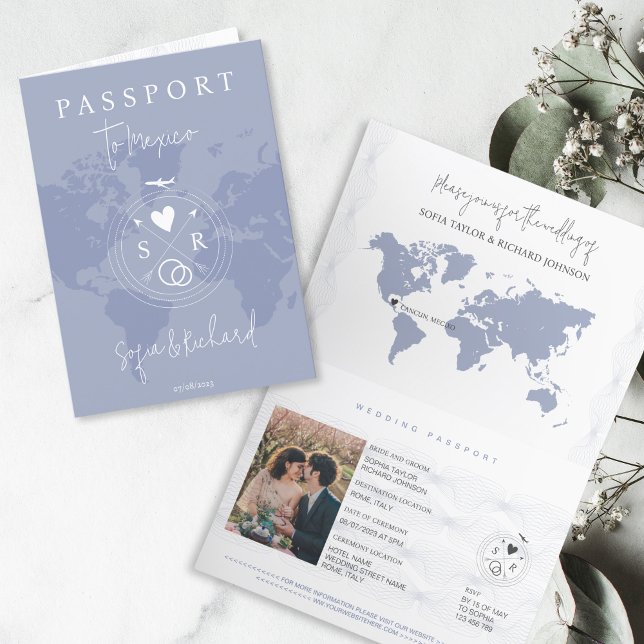 Invitación Boda Pasaporte de destino Dusty Blue World Map (modern passport wedding invtation with dusty blue background and world map)