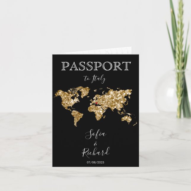 Invitación Boda Pasaporte de destino Gold World Map Black (Anverso)