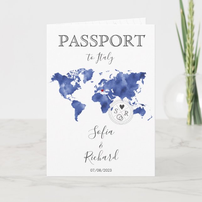 Invitación Boda Pasaporte de destino Gold World Map Blue (Anverso)