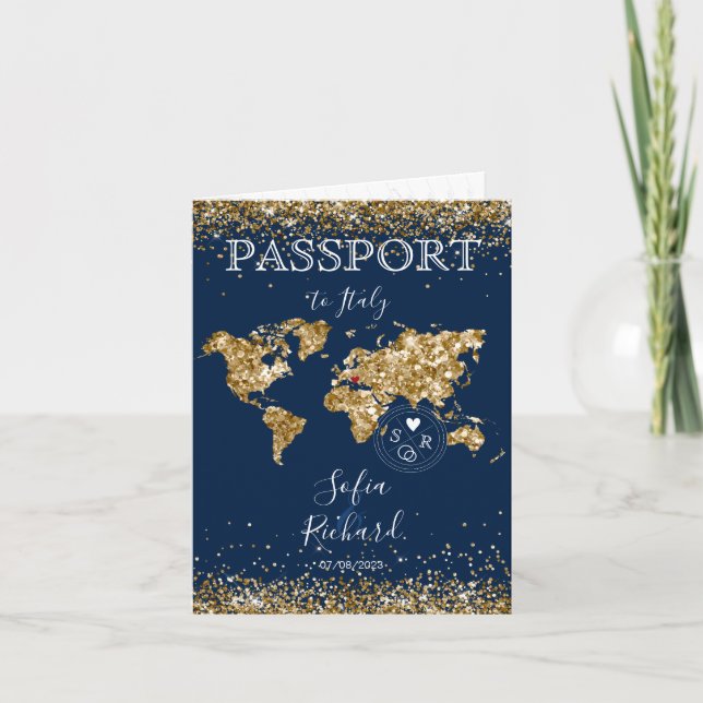 Invitación Boda Pasaporte de destino Gold World Map Blue I (Anverso)
