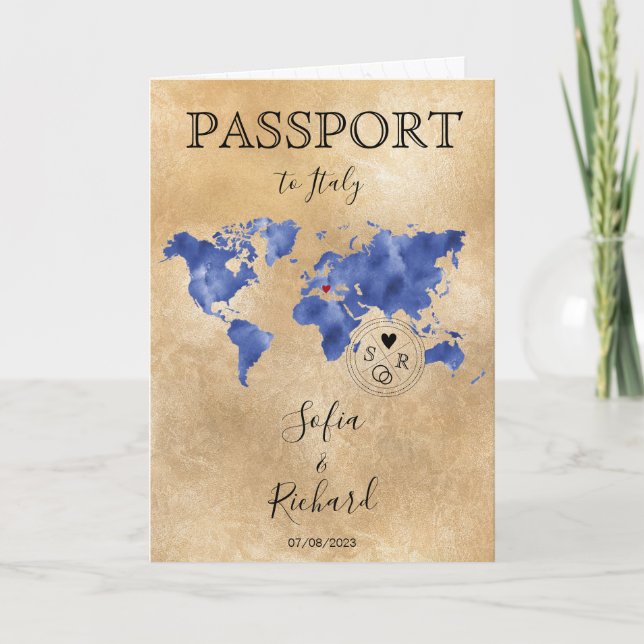 Invitación Boda Pasaporte de destino Gold World Map Blue I (Anverso)