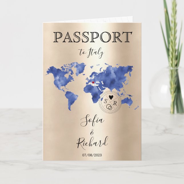 Invitación Boda Pasaporte de destino Gold World Map Blue I (Anverso)