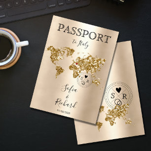 Invitación Boda Pasaporte de Destino Gold World Map Grecia