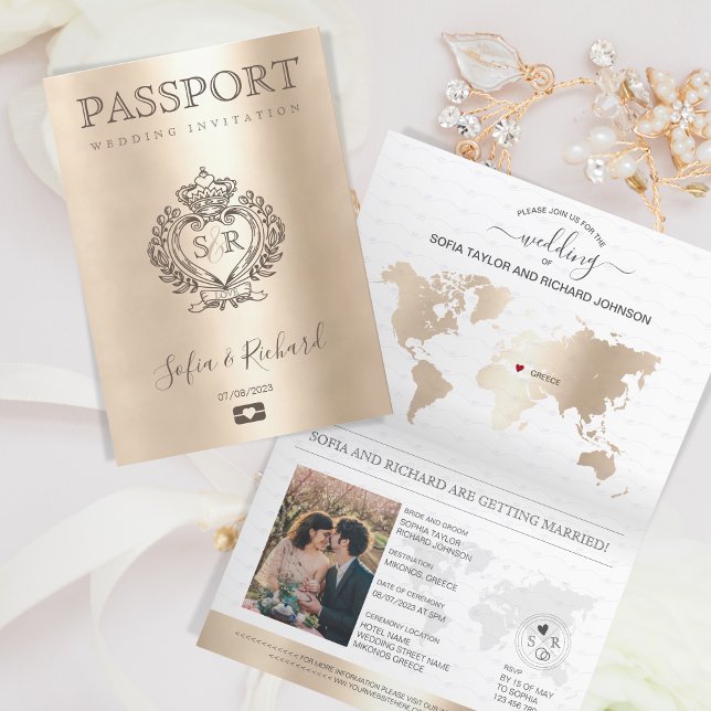 Invitación Boda Pasaporte de Destino Gold World Map Grecia (custom crest wedding passport)